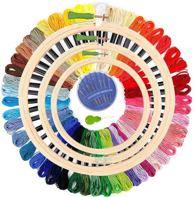 KHUSHA CREATIONS Embroidery Starter Kit for Beginners - 3 Wooden Hoops, 25 Threads, 20 Needles