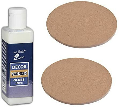 LITTLE BIRDIE MDF Coaster Round 4 inch 2 Pcs and Decor Varnish 100ml Gloss Gloss Varnish(100 ml)