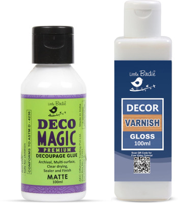 LITTLE BIRDIE Deco Magic Glue Matte 100ml and Decor Varnish Gloss 100ml Bottle Gloss Varnish(100 ml)
