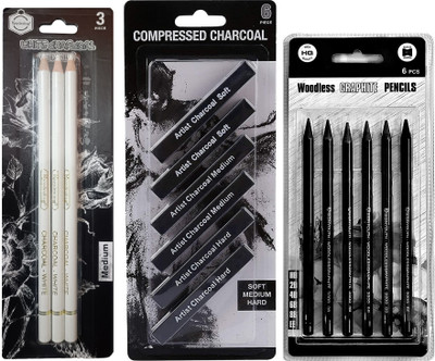 ChiggiWiggi 3 White Charcoal Pencil,6 Compressed Charcoal Stick & 6 Woodless Graphite Pencil