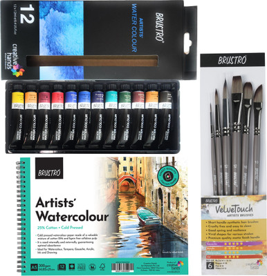 BRuSTRO Artist Watercolour Tubes Set of 12x12ml WIth VelveTouch Brush and Wiro Bound Pad
