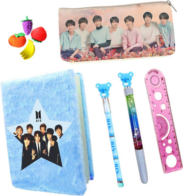 Neel 9Pcs BTS ARMY Team Stationery Set for Kids-Diary/Pouch/Pen/Pencil/Eraser/Scale