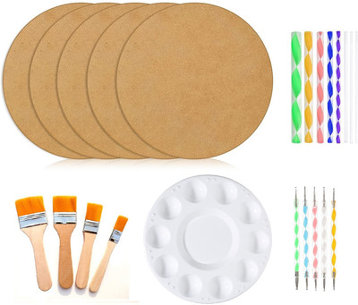 Definite 5pc Round MDF Board 10inch w/ Mandala Art Tools, Plastic Palette & Flat Brushes