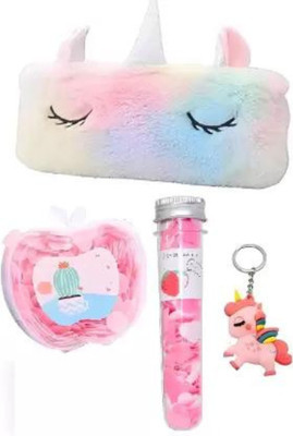 RHINETOYS Unicorn Pouch Combo with Paper Soap tube, keyring and Apple soap for kids