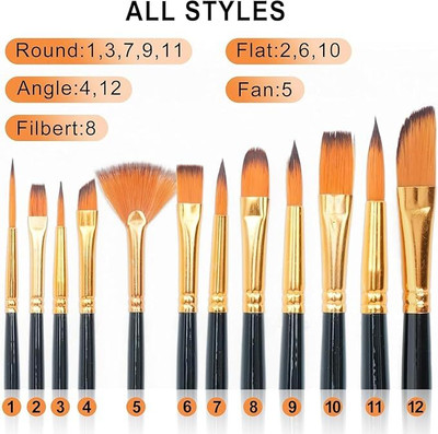 Orld HIGH QUALITY Artists, Painting Brushes Set of 12(Set of 12, Gold, Brown, Black)