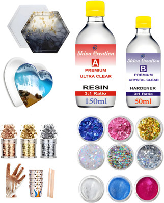 Shiva Creation Premium Resin 200ml Art Kit with Heartshape & Hexagone Mould,pigments Colour