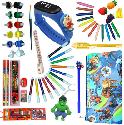 Prezzie Villa 46 pieces Spiderman Avengers Stationery, Art set & Pencil Pouch Combo