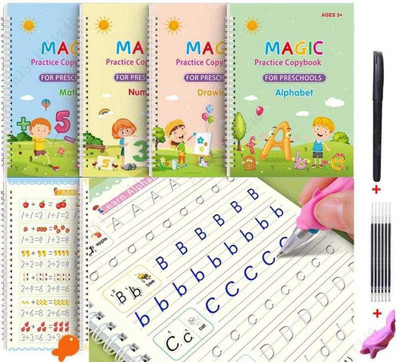 SANK Re-Usable MAGIC BOOK Magical Handwriting Workbooks Practice Copybook For Pre-School Kids, (4 BOOK + 1 Pen + 10 REFILL) Number Tracing Book, Drawing, Alphabet And Math Exercise For Preschoolers With Pen, English Magic Books For Kids Reusable Writing Magic Calligraphy Copybook Set Practical Reusa
