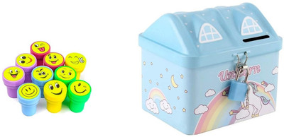 MINDFIT Combo Pack of Face Smiley Stamp and Blue Unicorn Piggy bank For Kids Gift Item