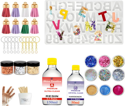 Shiva Creation DIY Alphabet Mould With Keychain, Tessal & 200gm Resin Art Kit