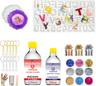 Shiva Creation ResinArtKit Set With UV Resin 3:1 200ml,Alphabate And Agate Mould With Pigment
