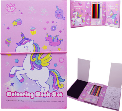 Asera Coloring and Scratch Book Set with 8 Color Pencils and Scratch tool (Unicorn)