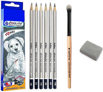 Definite Artline 6pc Drawing/Sketching Pencil + Blending Smudger Brush + Kneadable Eraser
