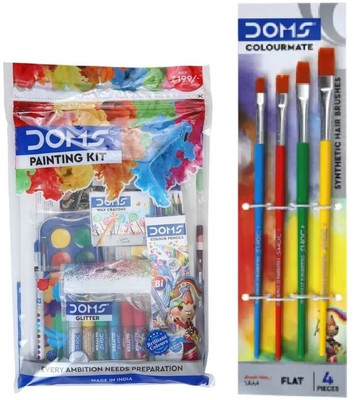 DOMS Painting Kit Color Set 9 Painting Essential | Colormate 4pc Flat Paintiing Brush