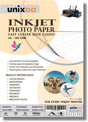 UNIXAA 180 GSM High Glossy Inkjet Photo Paper A4 Size (50 Paper Sheet)