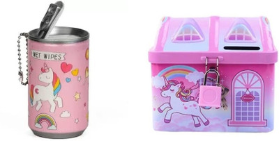 MINDFIT Combo of Pink Unicorn Theme Piggy Bank & Wet Wipes Birthday Return Gift For kids