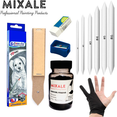 mixale Graphite Artline Sketching Pencil sand paper & Charcoal Powder A33 Combo