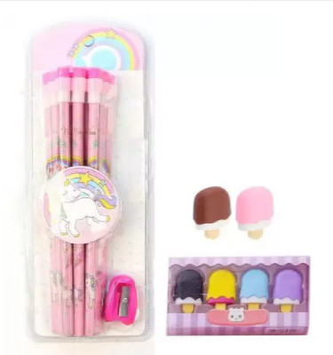 13House 12pcs HB Unicorn Stationery Wooden Pencil with Sharpener and 4 Ice-Cream Eraser