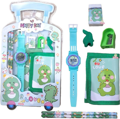 Tiny Tales 7 in 1 Stationery Gift Set for Kids Watch, Sharpener, Eraser 2 Pencils, Pouch_1
