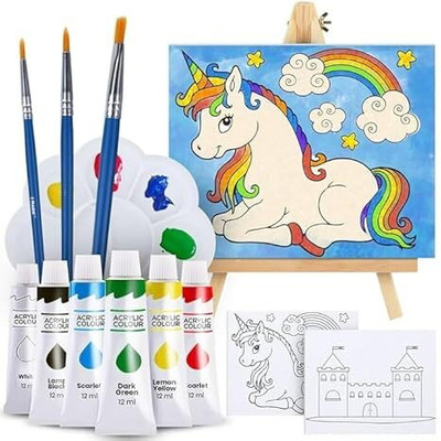 Venturebell Paint Brushes, Easel, Unicorn Drawing Templates, 12 ml Paint Tubes