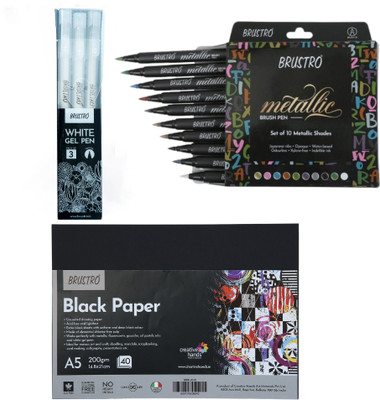 BRuSTRO Metallic Brush Pens Set of 10 With A5 Black Paper and White Gel Pen Set of 3