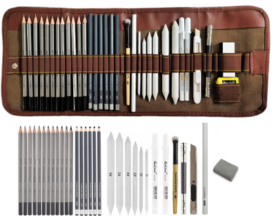 Definite Artist 33 Pcs Sketching and Drawing Art Kit with Pencil Rolling Pouch Pencil(Graphite & Charcoal Pencils with Stumps, Eraser, Brush & Extender)