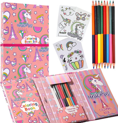Happy Hues Unicorn Coloring Set with 60 Coloring Pages and 8 double sided Coloring Pencils