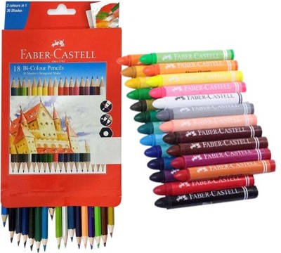 FABER-CASTELL 18 Bi Colour Hexagonal Shape Pencils Alongwith 24 Shades Wax Crayons