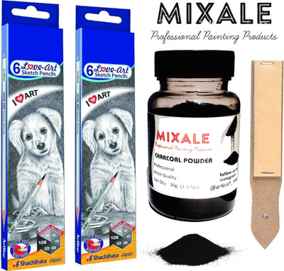 mixale Graphite Sketching pencil Combo With Dark Charcoal Powder And Sand paper