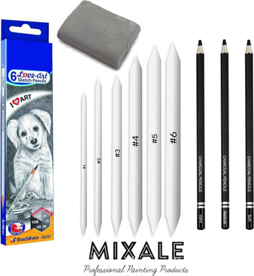 mixale Artline Graphite Pencils With Paper Stumps & Charcoal Pencil or Kneaded Eraser