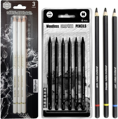 ChiggiWiggi 6 Woodless Graphite Pencil Set For Drawing,3 Black & 3 White Charcoal Pencil Set