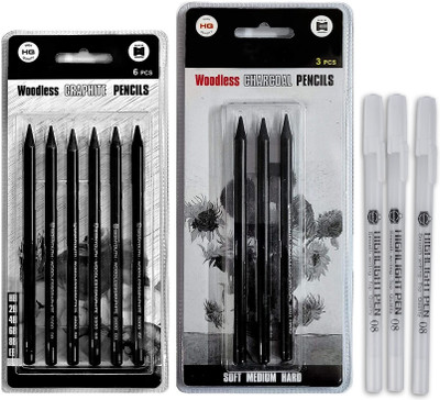 ChiggiWiggi 6 Woodless Graphite Pencil, 3 Woodless Charcoal Pencil & 3 White Highlighter Pen