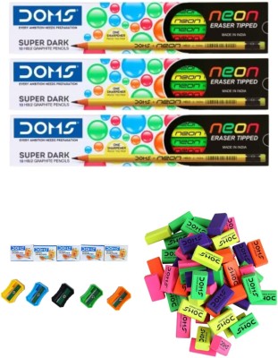 DOMS Neon Eraser Tipped Pencil 30 PC + 50 PC Colour Eraser + 5 PC Sharpener