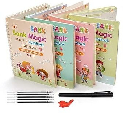 Sank Magic Practice Copybook, (4 BOOK + 10 REFILL+ 2 Pen +1 Grip) Number Tracing Book For Preschoolers With Pen, Magic Calligraphy Copybook Set Practical Reusable Writing(Spiral, Sank Book)