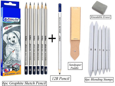 Definite Artline 7pc Drawing Pencils, 6Pc Blending/Smudge Stump, Eraser & SandPaper