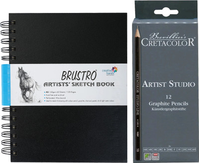 BRuSTRO Wiro Bound Sketch Book(A5)With Cretacolor Artists Line Graphite Pencil Set of 12