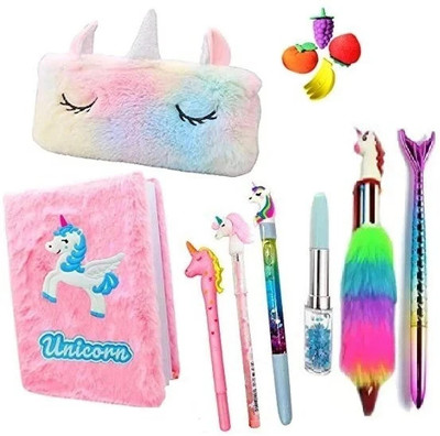 AAPEFLEX Unicorn Combo 12Pcs Fur Diary ,Pouch/Pencil/Water, Fur Pen/Fruit Eraser Gift Set