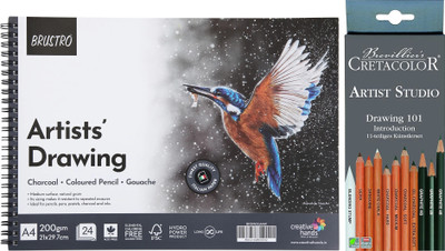 BRuSTRO Drawing Wiro Pad (A4,200GSM) With Cretacolor Drawing 101 Introduction-Set Of 11