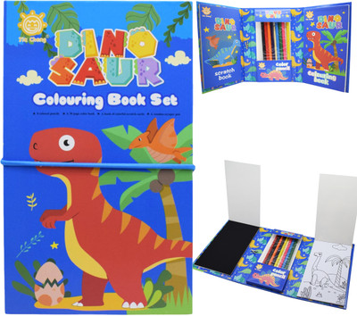 Asera Coloring and Scratch Book Set with 8 Color Pencils and Scratch tool (Dino)