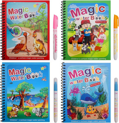 KEYKART Pack of 4 Reusable Magic Kids Water Pen Book Doodle Painting Board