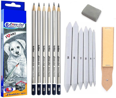 Definite Artline 6pc Sketch Pencils, 6Pc Blend/Smudge Stump, Eraser, Extender & SandPaper