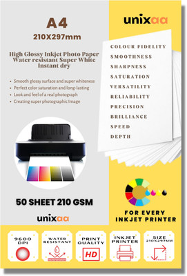 UNIXAA 210 GSM High Glossy Inkjet Photo Paper A4 (210X297 MM) (50 Paper Sheet White)