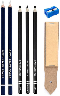 TouchCool 2Pc Eraser Pencil, 3Pc Black Charcoal Pencil & SandPaper Strip; Art/Drawing Tool