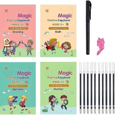 Magic practice book, Magic Book for Kids, Calligraphy Books for Kids, Practice Copybook for Kids English Reusable Magical Copybook Kids Tracing Book, Multicolor  - Magic Calligraphy Books For Kids (4 Books 1 Pen 1 Hand Grip 10 Refill) Self Deleting Reusable Number Tracing Alphabets writing for Kids 