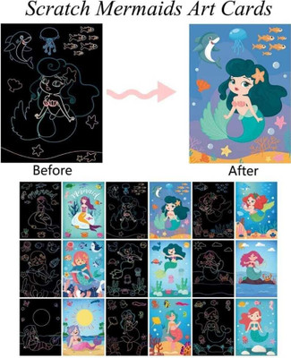 Happy Hues 18 Double Design mermaid & dinosaur Scratch Paper Cards & 2 Scratch Sticks Set