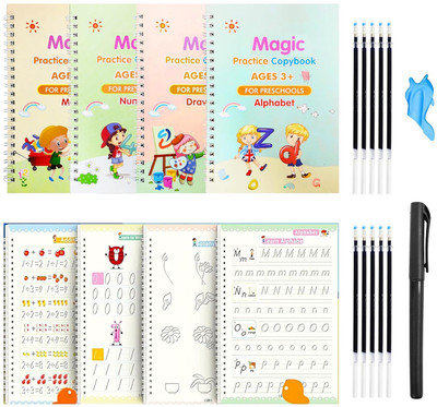 Reusable Sank Magic Practice Copybook – Perfect For Kids' Learning And Fun, (4 Books + 10 Refill),Preschool Workbook, Numbers & English & Drawing & Mathematics Auto Fade Pen For 3+ Child(Spiral, MAGIC BOOK)