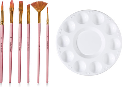 Craftacious Art 6pc Cruelty Free Nylon Painting Brush Set + Plastic Round Palette
