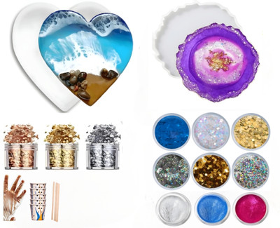 Shiva Creation Resin Art Kit with Heartshape and Agate Mould, Glitters, Mica Colour
