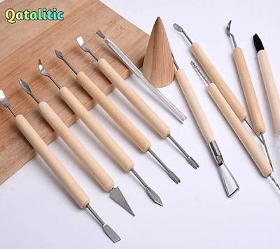 Qatalitic 11 Pcs Ceramic Wooden Handle Tool Kit For Clay Pottery Sculpting Shaping Cutting