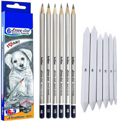TouchCool Artline Set of 6 Love-Art Sketch Pencils + Blending/Smudging Stumps (Pack of 6)